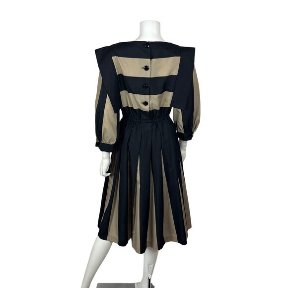 Vintage 80s Striped Dress Womens Medium Architectural Black Tan Thick Stripes - Picture 9 of 10